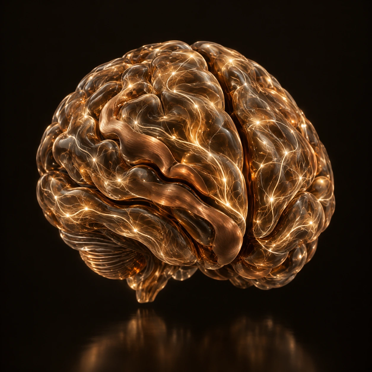 Sculptural 3D brain in translucent copper glass, threaded with glowing neural connections.